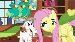 Size: 1920x1080 | Tagged: safe, screencap, fluttershy, bird, goat, parrot, pegasus, pony, popinjay, castle sweet castle, g4, animal, female, flock, leaning forward, lidded eyes, mare, out of context, perching, spread wings, wings