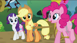 Size: 1920x1080 | Tagged: safe, screencap, applejack, pinkie pie, rarity, castle sweet castle, g4, animation error