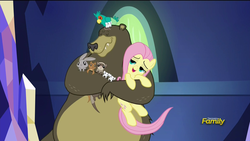 Size: 1920x1080 | Tagged: safe, screencap, fluttershy, harry, bear, bird, ferret, mouse, pony, popinjay, rabbit, squirrel, castle sweet castle, g4, animal, female, lidded eyes, mare, mid-blink screencap, out of context