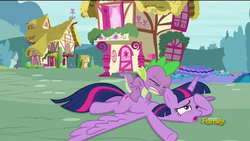Size: 1920x1080 | Tagged: safe, screencap, spike, twilight sparkle, alicorn, dragon, pony, castle sweet castle, g4, dragons riding ponies, eyes closed, female, frown, gritted teeth, lying down, mare, open mouth, out of context, ponyville, prone, riding, spike riding twilight, sploot, spread wings, twilight sparkle (alicorn), wink
