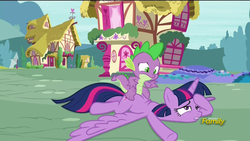 Size: 1920x1080 | Tagged: safe, screencap, spike, twilight sparkle, alicorn, dragon, pony, castle sweet castle, g4, dragons riding ponies, female, male, mare, riding, spike riding twilight, twilight sparkle (alicorn)