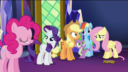 Size: 1920x1080 | Tagged: safe, screencap, applejack, fluttershy, pinkie pie, rainbow dash, rarity, spike, castle sweet castle, g4, animation error, derp, rariderp