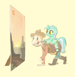 Size: 874x895 | Tagged: safe, artist:sheharzad-arshad, lyra heartstrings, human, g4, cowboy, humie, ponies riding humans, reins, riding, role reversal, saddle, simple background, sunset
