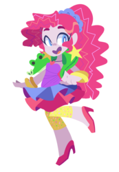 Size: 610x883 | Tagged: safe, artist:looji, gummy, pinkie pie, equestria girls, friendship through the ages, g4, my little pony equestria girls: rainbow rocks, female, heart mouth, high heels, new wave pinkie, plushie, simple background, sleeveless, solo, strapless, transparent background