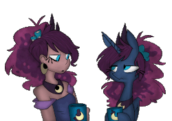 Size: 1500x1056 | Tagged: safe, artist:grinning-alex, artist:herny, princess luna, alicorn, human, pony, luna-afterdark, g4, animated, blinking, clothes, cup, female, human ponidox, humanized, mare, sigh, simple background, updated