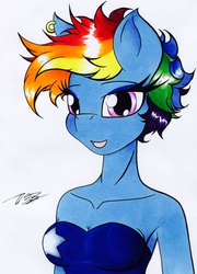 Size: 2185x3029 | Tagged: safe, artist:thegodoflazers, rainbow dash, anthro, g4, alternate hairstyle, female, high res, solo, traditional art