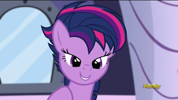 Size: 1920x1080 | Tagged: safe, screencap, twilight sparkle, alicorn, pony, castle sweet castle, g4, my little pony: friendship is magic, alternate hairstyle, discovery family logo, female, lidded eyes, punklight sparkle, solo, twilight sparkle (alicorn)