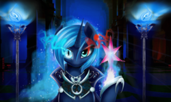 Size: 6500x3876 | Tagged: dead source, safe, artist:magnaluna, nightmare moon, princess luna, alicorn, absurd resolution, cape, castle, clothes, element of magic, elements of harmony, ethereal mane, female, magic, mare, nightmare luna, powerful, raised hoof, slit pupils, solo, starry mane