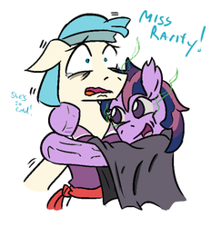 Size: 500x515 | Tagged: safe, artist:jargon scott, coco pommel, twilight sparkle, lich, zombie, g4, alternate universe, bandana, bard, cloak, clothes, cocoa cantle, crying, cute, dialogue, floppy ears, grimcute, hug, open mouth, rule 63, scared, smiling, startled, sword rara, twilich sparkle, wide eyes