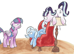 Size: 1995x1451 | Tagged: safe, artist:kittyhawk-contrail, starlight glimmer, trixie, twilight sparkle, alicorn, pony, unicorn, g4, the cutie map, :t, book, chair, egophiliac-ish, female, frown, glare, hilarious in hindsight, inconvenient, inconvenient starlight, inconvenient trixie, it begins, mare, prone, style emulation, traditional art, twilight sparkle (alicorn), unamused, underhoof, wide eyes, wing hold, woonoggles