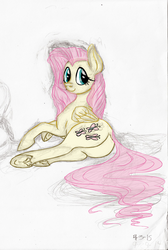 Size: 1617x2411 | Tagged: safe, artist:pwnyville, fluttershy, g4, butt, dock, looking back, lying down, on side, plot, traditional art, underhoof