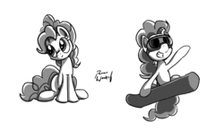 Size: 1024x638 | Tagged: safe, artist:mindofnoodles, pinkie pie, g4, female, goggles, monochrome, snowboard, solo