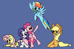 Size: 1024x685 | Tagged: safe, artist:mindofnoodles, applejack, fluttershy, pinkie pie, rainbow dash, rarity, earth pony, pegasus, pony, unicorn, g4, biting, blue background, female, mare, remane five, simple background, tail, tail bite