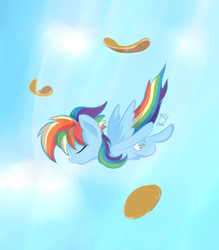 Size: 700x800 | Tagged: safe, artist:blastdown, rainbow dash, g4, eyes closed, falling, female, pancakes, solo