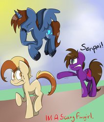 Size: 824x969 | Tagged: safe, artist:befishproductions, oc, oc only, oc:headlong flight, oc:pan sizzle, alicorn, pony, alicorn oc, horn, senpai, wings