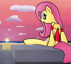 Size: 2000x1800 | Tagged: safe, artist:mang, fluttershy, g4, beach, clothes, female, shoulderless, solo