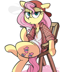 Size: 900x900 | Tagged: safe, artist:whydomenhavenipples, fluttershy, pony, g4, backwards ballcap, baseball cap, bracelet, cap, chair, clothes, crossed legs, drugs, ear piercing, earring, female, flank, flutterhigh, flutterjoint, hat, helix piercing, high, jewelry, joint, lidded eyes, looking at you, mare, marijuana, necklace, piercing, plaid, shirt, sitting, smoking, solo, thighs