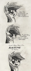 Size: 949x2173 | Tagged: safe, artist:mindofnoodles, rainbow dash, pegasus, pony, g4, black and white, comic, female, grayscale, mare, monochrome, solo, traditional art