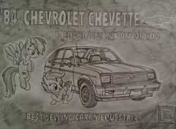 Size: 3000x2208 | Tagged: safe, artist:the-intimidator, rainbow dash, scootaloo, g4, car, chevrolet, chevrolet chevette, high res, monochrome, traditional art