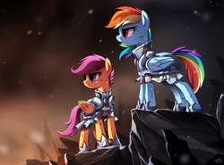 Size: 1250x926 | Tagged: dead source, safe, artist:ruhje, rainbow dash, scootaloo, pegasus, pony, g4, armor, badass, clothes, duo, female, mare, older
