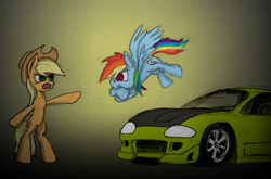 Size: 1322x872 | Tagged: safe, artist:mindofnoodles, applejack, rainbow dash, pony, g4, bipedal, car, fast and furious, mitsubishi, mitsubishi eclipse, the fast and the furious