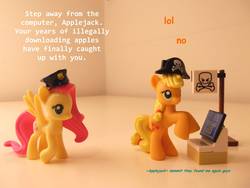 Size: 4288x3216 | Tagged: safe, artist:trixiepasta, applejack, fluttershy, g4, computer, cute, irl, laptop computer, lego, photo, piracy, pirate, police officer, toy