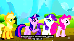 Size: 846x473 | Tagged: safe, screencap, applejack, pinkie pie, rarity, twilight sparkle, g4, meme, overbloom, youtube caption