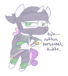 Size: 650x728 | Tagged: safe, artist:nobody, sweetie belle, pony, unicorn, g4, bipedal, colored pupils, female, filly, foal, hoof hold, ninja, ninjato, nothin personnel kid, simple background, solo, sword, white background