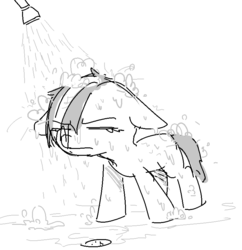 Size: 778x804 | Tagged: safe, artist:nobody, babs seed, earth pony, pony, g4, female, monochrome, shower, solo, wet