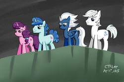 Size: 1024x678 | Tagged: safe, artist:infinityr319, double diamond, night glider, party favor, sugar belle, earth pony, pegasus, pony, unicorn, g4, the cutie map, equal four, female, group, male, mare, quartet, scene interpretation, stallion