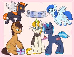 Size: 796x611 | Tagged: safe, artist:lulubell, oc, oc only, oc:jewel, oc:mischief flare, oc:rough edges, oc:wanderlust, changeling, cake, hat, party hat