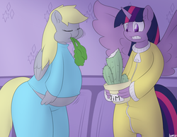 Size: 1800x1400 | Tagged: safe, artist:lamia, derpy hooves, twilight sparkle, anthro, g4, a glass of warm ed, belly, cactus, chubby, clothes, duo, eating, ed edd n eddy, fat, footed sleeper, hallway, herbivore, jim the cactus, pajamas, parody, sleep eating, sleepwalking, spread wings, surprised, twilight sparkle (alicorn)