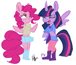 Size: 1780x1520 | Tagged: safe, artist:lavendire, pinkie pie, twilight sparkle, anthro, g4, clothes, female, lesbian, ship:twinkie, shipping, twilight sparkle (alicorn)