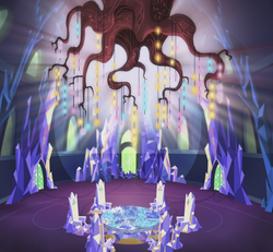 Size: 1920x1773 | Tagged: safe, composite screencap, edit, edited screencap, screencap, castle sweet castle, g4, twilight's kingdom, background, building, cutie map, glowing, golden oaks chandelier, interior, map, no pony, the hall of friendship, throne, tree of memories, twilight's castle