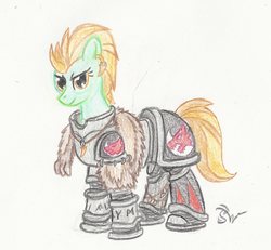 Size: 1260x1165 | Tagged: safe, artist:sensko, lightning dust, pony, g4, armor, crossover, earring, female, mare, pelt, pencil drawing, piercing, power armor, solo, space marine, space wolves, traditional art, warhammer (game), warhammer 30k, warhammer 40k