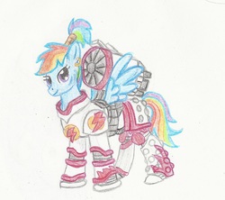 Size: 1353x1201 | Tagged: safe, artist:sensko, rainbow dash, pegasus, pony, g4, alternate hairstyle, armor, crossover, ear piercing, earring, female, jetpack, mare, pencil drawing, piercing, ponytail, power armor, solo, space marine, traditional art, warhammer (game), warhammer 30k, warhammer 40k, white scars