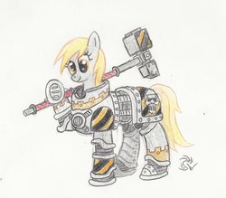 Size: 1524x1332 | Tagged: safe, artist:sensko, derpy hooves, pegasus, pony, g4, armor, crossover, female, iron warriors, mare, pencil drawing, power armor, solo, space marine, traditional art, war hammer, warhammer (game), warhammer 30k, warhammer 40k, weapon