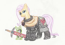 Size: 1725x1198 | Tagged: safe, artist:sensko, angel bunny, fluttershy, pony, g4, armor, clothes, crossover, dark angels, duo, female, mare, pencil drawing, power armor, power sword, robe, space marine, sword, traditional art, warhammer (game), warhammer 30k, warhammer 40k, watcher in the dark