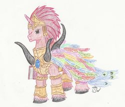 Size: 2116x1822 | Tagged: safe, artist:sensko, pony, unicorn, armor, crossover, magnus the red, male, one eyed, pencil drawing, power armor, primarch, solo, stallion, thousand sons, traditional art, warhammer (game), warhammer 30k, warhammer 40k