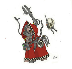 Size: 1964x1877 | Tagged: safe, artist:sensko, cyborg, pony, adeptus mechanicus, amputee, clothes, crossover, human skull, pencil drawing, ponified, prosthetic eye, prosthetic limb, prosthetics, robe, servo skull, skull, solo, techpriest, traditional art, warhammer (game), warhammer 40k