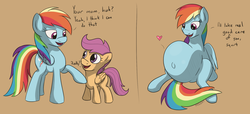 Size: 2062x942 | Tagged: safe, artist:variant, rainbow dash, scootaloo, pegasus, pony, g4, 2 panel comic, belly, belly button, brown background, casual vore, comic, dialogue, female, filly, filly prey, floating heart, foal, heart, implied unbirthing, lesbian, mare pred, outie belly button, preddash, preggo dash, pregnant, scootalove, scootaprey, ship:scootadash, shipping, simple background, vore, willing prey, willing vore