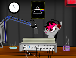 Size: 996x752 | Tagged: safe, artist:lazerblues, oc, oc only, oc:miss eri, pony, album cover, ashtray, black and red mane, cigarette, clock, emo, female, hipgnosis, mare, microphone, mug, pink floyd, radio, the dark side of the moon, two toned mane