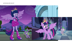 Size: 1920x1080 | Tagged: safe, edit, screencap, spike, twilight sparkle, dog, equestria girls, g4, my little pony equestria girls, big crown thingy, boots, comparison, crown, fall formal outfits, high heel boots, jewelry, ponied up, ponytail, reference, regalia, size comparison, sparkles, spike the dog, twilight ball dress, twilight sparkle (alicorn), wings