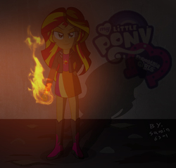 Size: 3023x2893 | Tagged: safe, artist:sumin6301, sunset shimmer, equestria girls, g4, female, fiery shimmer, fire, high res, king of fighters, kyo kusanagi, my little pony logo, parody, pyromancy, solo