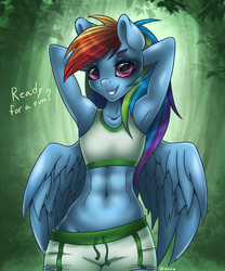 Size: 3937x4724 | Tagged: safe, artist:pitchyy, rainbow dash, anthro, g4, abs, armpits, belly button, breasts, clothes, delicious flat chest, female, shorts, solo, tank top