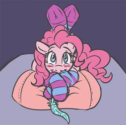Size: 650x647 | Tagged: safe, artist:caroo, pinkie pie, earth pony, pony, g4, blushing, clothes, cute, diapinkes, feather, female, fetish, hoof fetish, hooves, imminent tickles, mare, pinkie loves tickling, smiling, socks, solo, striped socks, tickling, underhoof
