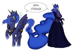 Size: 2048x1414 | Tagged: safe, artist:demorgorgon, artist:redanon, princess luna, anthro, g4, breasts, busty princess luna, cleavage, clothes, confused, dress, female, open mouth, raised hoof, raised leg, simple background, spread wings, surprised, wide eyes