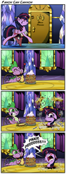 Size: 2000x5250 | Tagged: safe, artist:gray--day, spike, twilight sparkle, alicorn, pony, castle sweet castle, g4, alternate hairstyle, bathroom, blushing, cannon, comic, derp, eating, female, hidden confetti cannon, mare, newspaper, pancakes, pony cannonball, punklight sparkle, slapstick, toilet, toilet humor, twilight sparkle (alicorn), twilight's castle, whistling