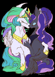 Size: 1000x1414 | Tagged: safe, artist:kuzumori, princess celestia, princess luna, g4, embrace, hug, siblings