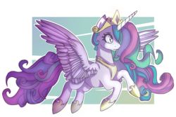 Size: 1024x683 | Tagged: safe, artist:sofilut, princess celestia, alicorn, pony, g4, crown, female, flying, jewelry, mare, regalia, solo, spread wings, wings